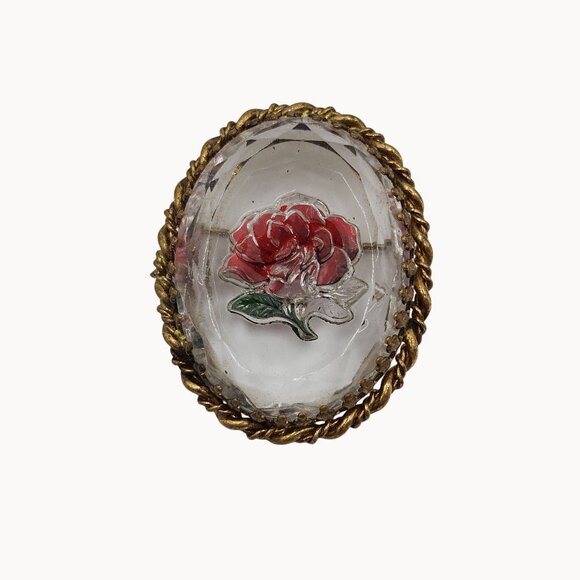 Vintage Gold-Toned Frame Clear Glass Red Handpainted Rose Brooch Fashion Jewelry - Picture 1 of 16